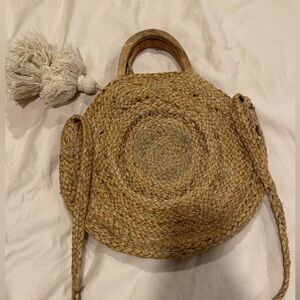 Zara Natural Woven Shoulder Bag with Wooden Handles
